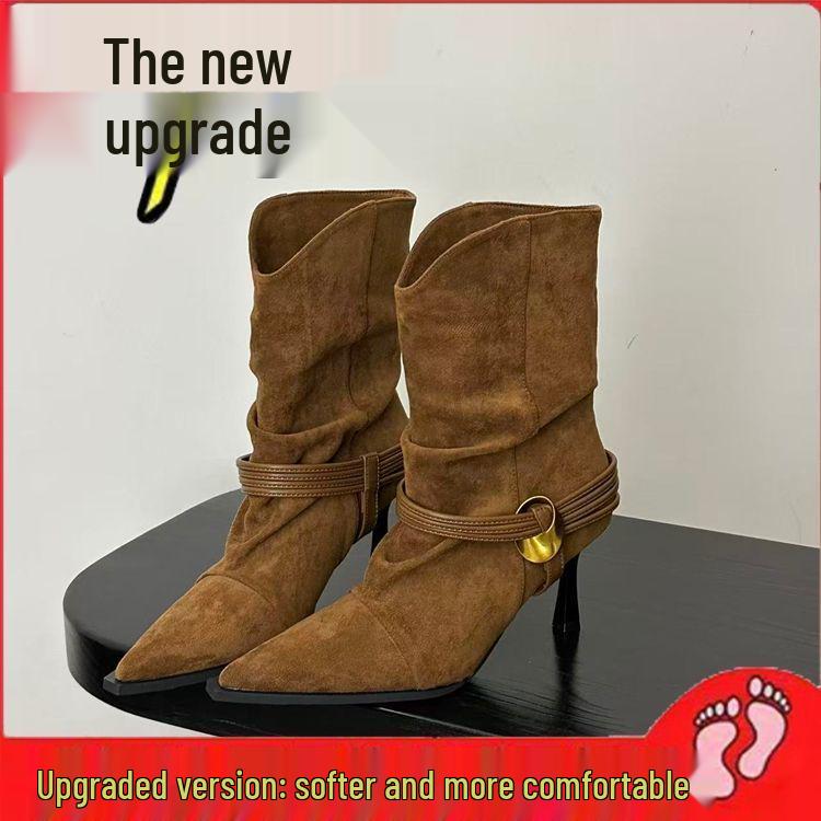 Euro-American Style Suede Slouch Ankle Boots with Pointed-Toe, Metal Buckle, and High Heels for Autumn/Winter 2025.