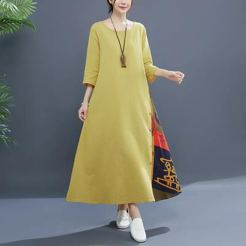 Autumn Retro Floral Round Neck Contrast Color Button Stitching Three-quarter Sleeves