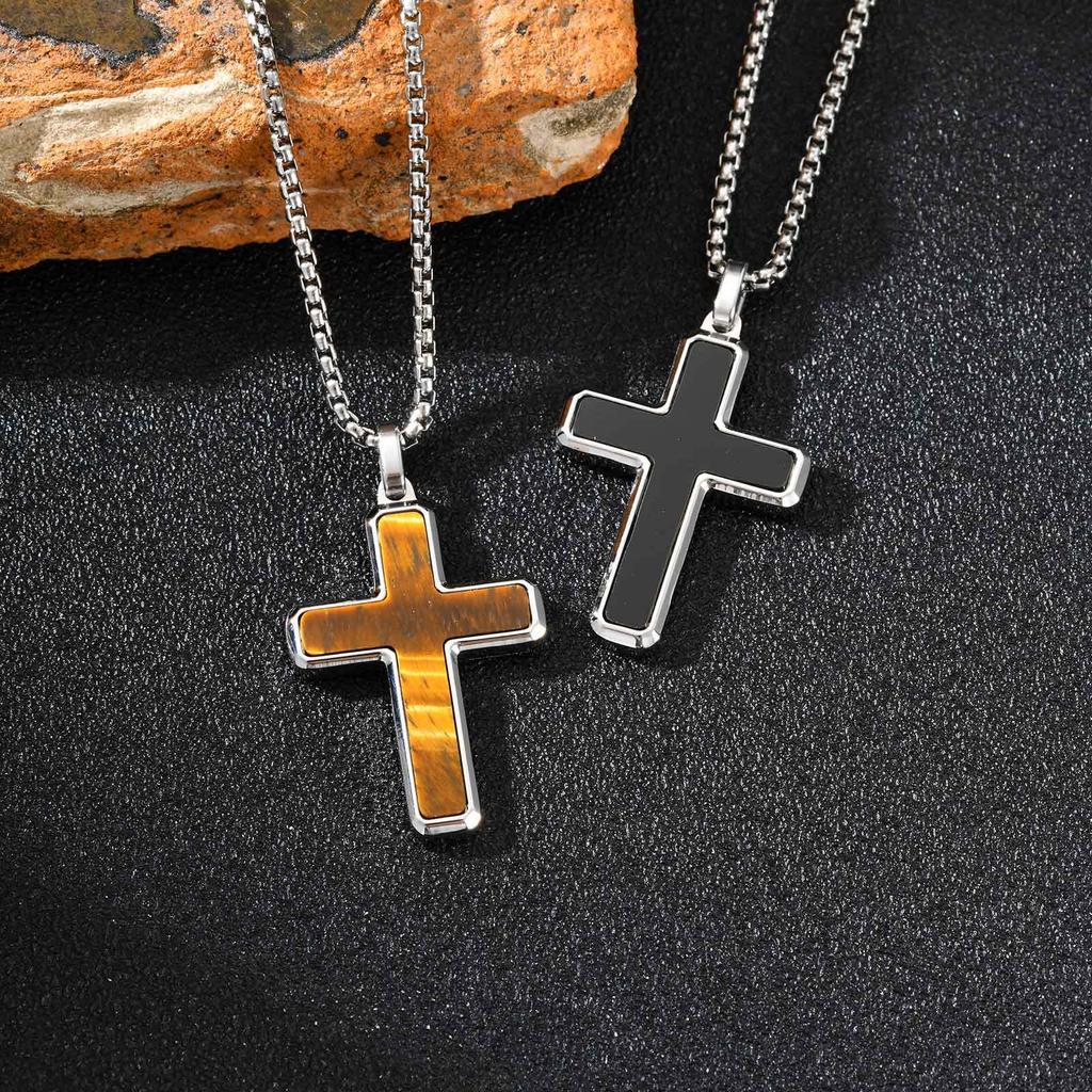 Stainless Steel Men'S Necklace Cross Turquoise Natural Tiger Eye Sweater Chain Pendant Pn-2224