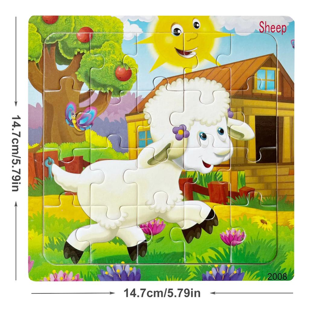 14.7cm/5.79in Wooden Jigsaw Puzzles Cartoon Animals Pattern Montessori Games Kids Educational Learning Wood Toys for Children