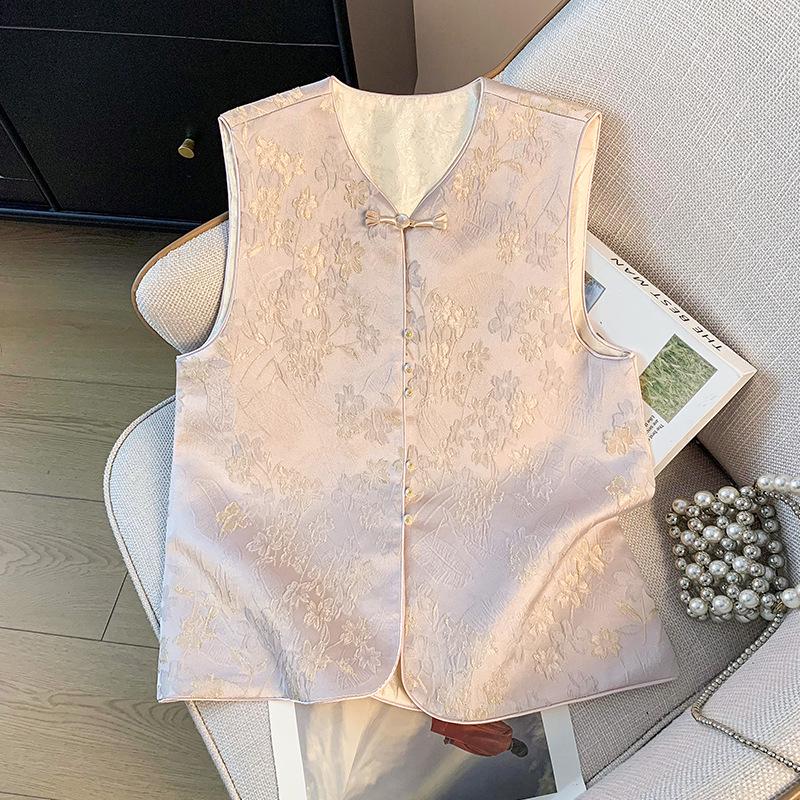 

Элегантный женский жилет Тан из жаккардового атласа в китайском стиле с вышивкой и застежкой на пуговицы-лягушки Small розовый