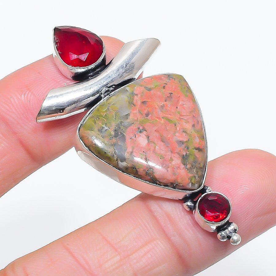 Natural Unakite, Garnet Gemstone 925 Sterling Silver Jewelry Pendant 2.21" n6y16