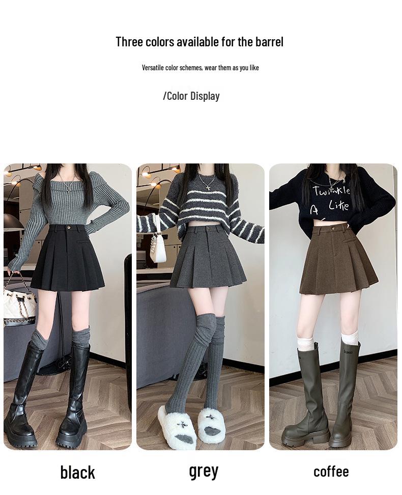 Damen Hochtaillierter Grauer Woll Karierter Plissierter Petite A-Linien Rock - Anti-Exposure, Schlankmachend, Herbst/Winter