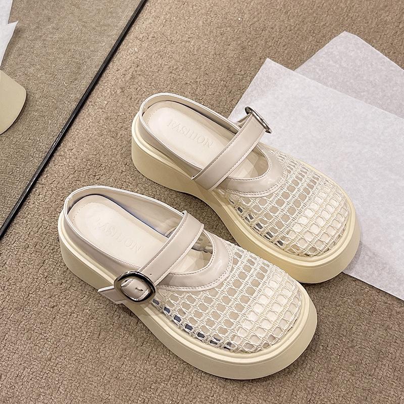 Hollow woven through-mesh platform slippers 2025 one-word strap single shoes sandals women's shallow mouth Mary Jane shoes