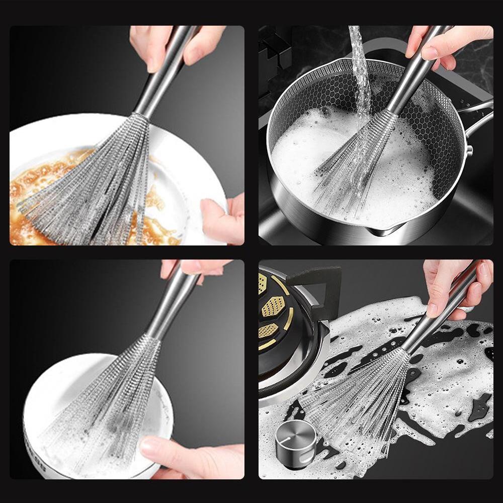 Stainless Steel Dish Brush Long Handle Pot Brush Scrubber Kitchen Cleaning Brush Pan Bowl Cleaner Kitchen Cookware Clean Tool
