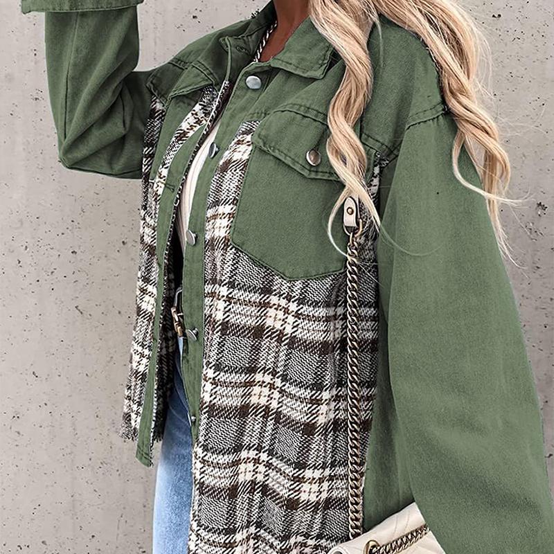 Denim Jacket Checkered Button Up Shirt Jacket Women's Patchwork Jacket Warm Comfortable Commuter Long Sleeved Shirt Autumn Winter