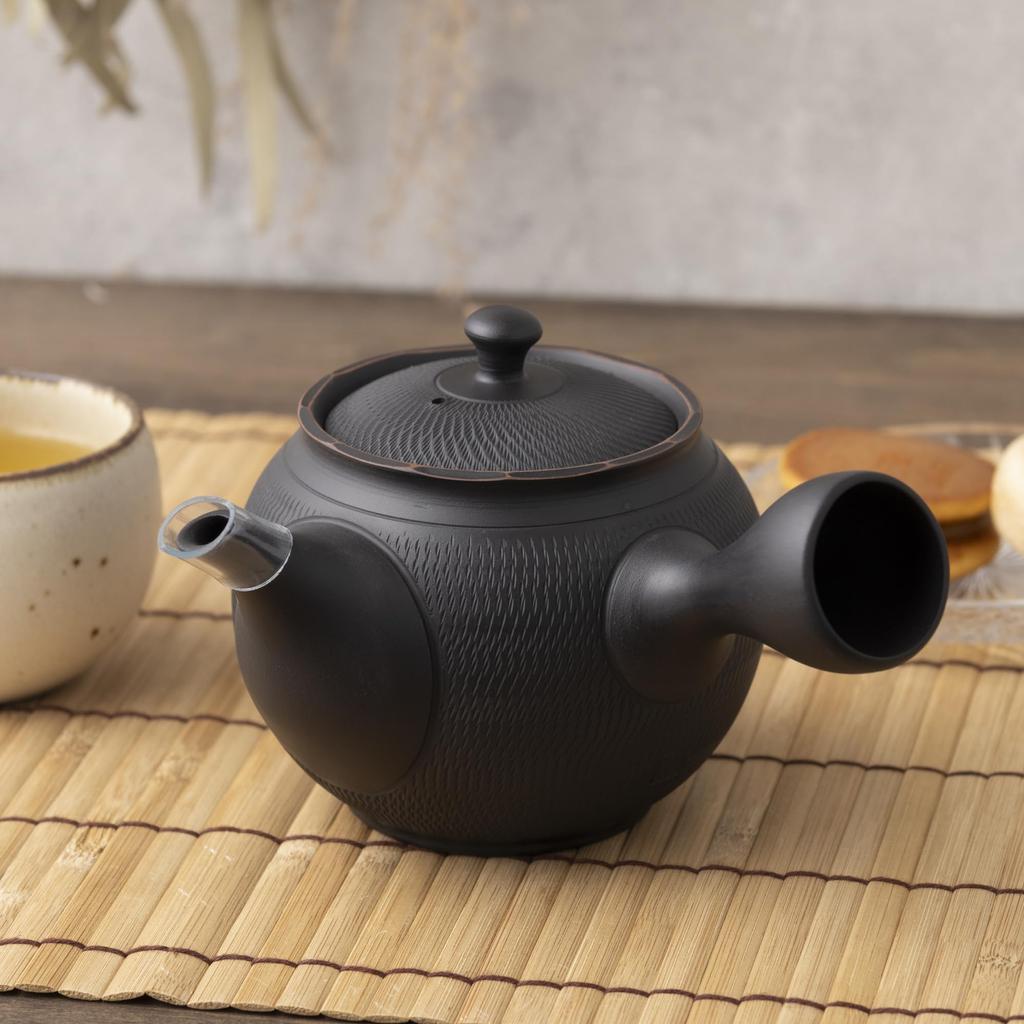 Tokoname ware teapot, Horyu design, smoked finish, 360ml, ceramic mesh, for Gyokuro and Kabusecha teas, made in Japan, boxed. TK038