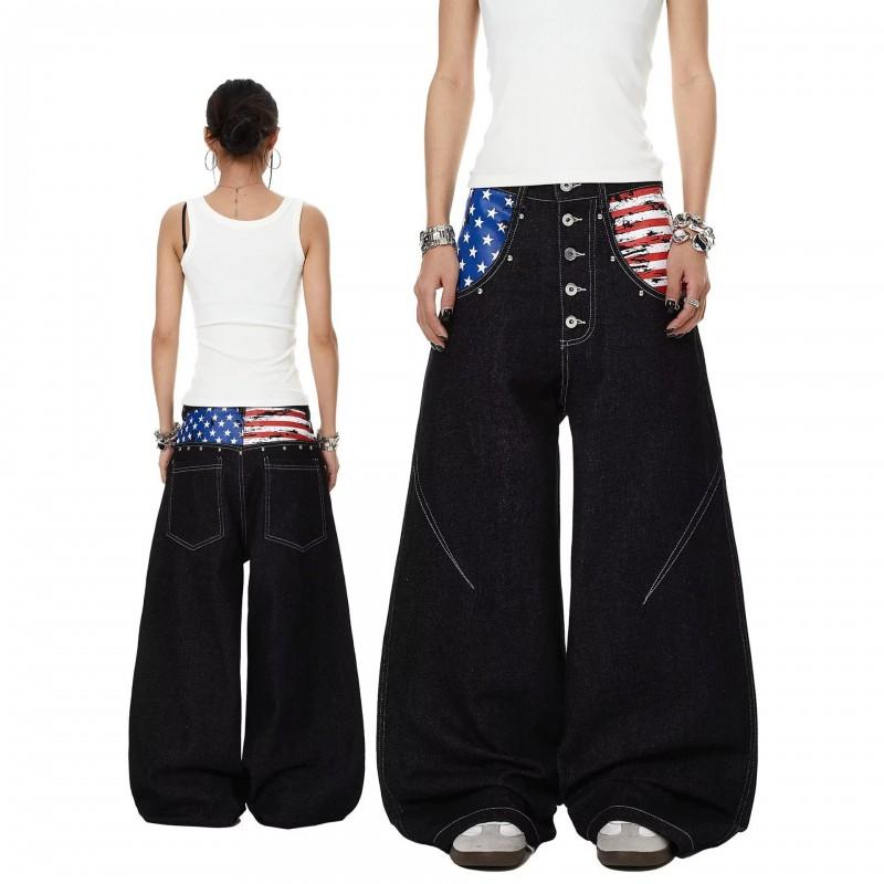 Unisex Relaxed Fit Denim Jeans With Deconstructed Flag Print Contrast Stitching Button Fly Mid-Rise Straight Cut