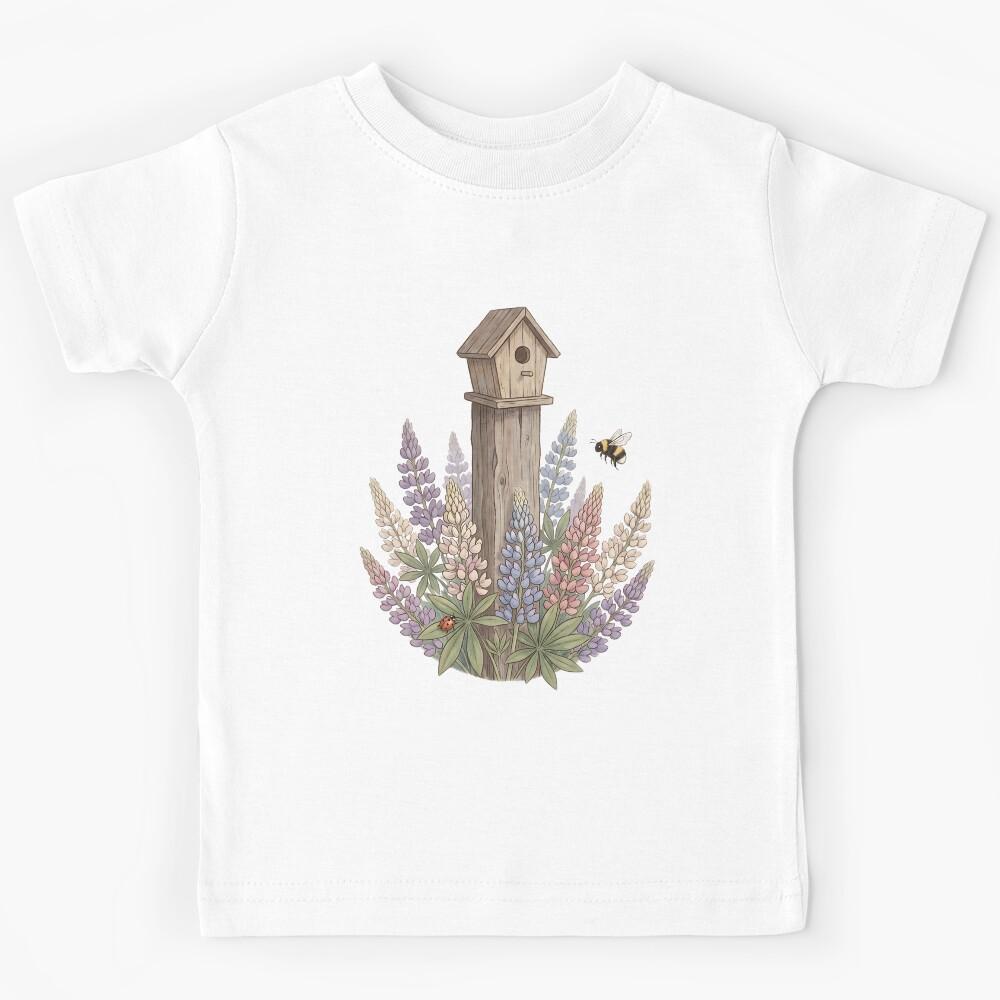 Rustic Birdhouse Garden with Wildflowers Lupine and Bee Kids T-Shirt 110