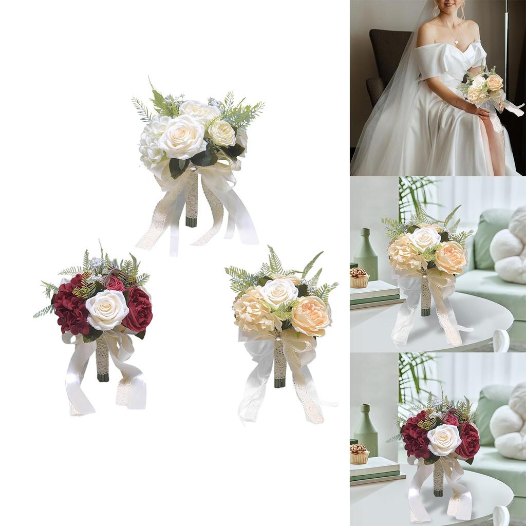 Wedding Bridal Bouquet Ribbon Bridesmaid Bouquet Fake Silk Rose Decor for Ceremony Anniversary Farmhouse Wedding Festival Church