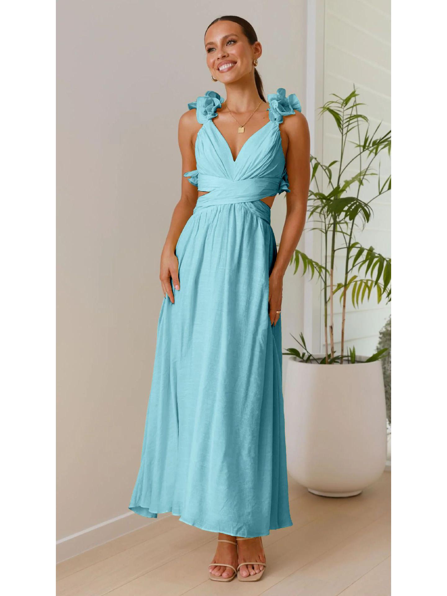 

Summer Floral Chiffon Backless Strappy Evening Gown 2026 S