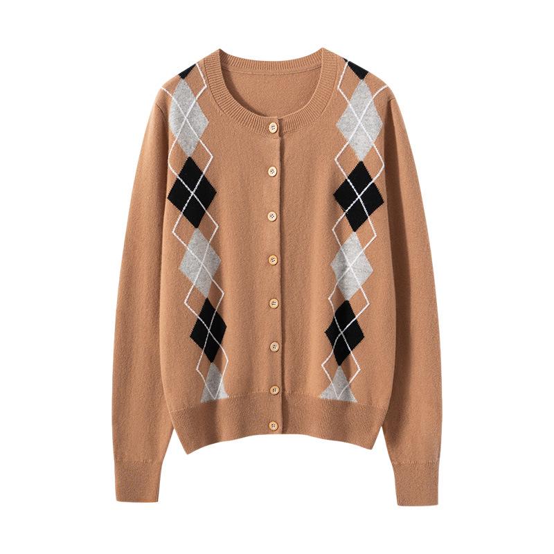 Cardigan Pull en Tricot Losanges Géométriques Color Block 100% Cachemire pour Femme