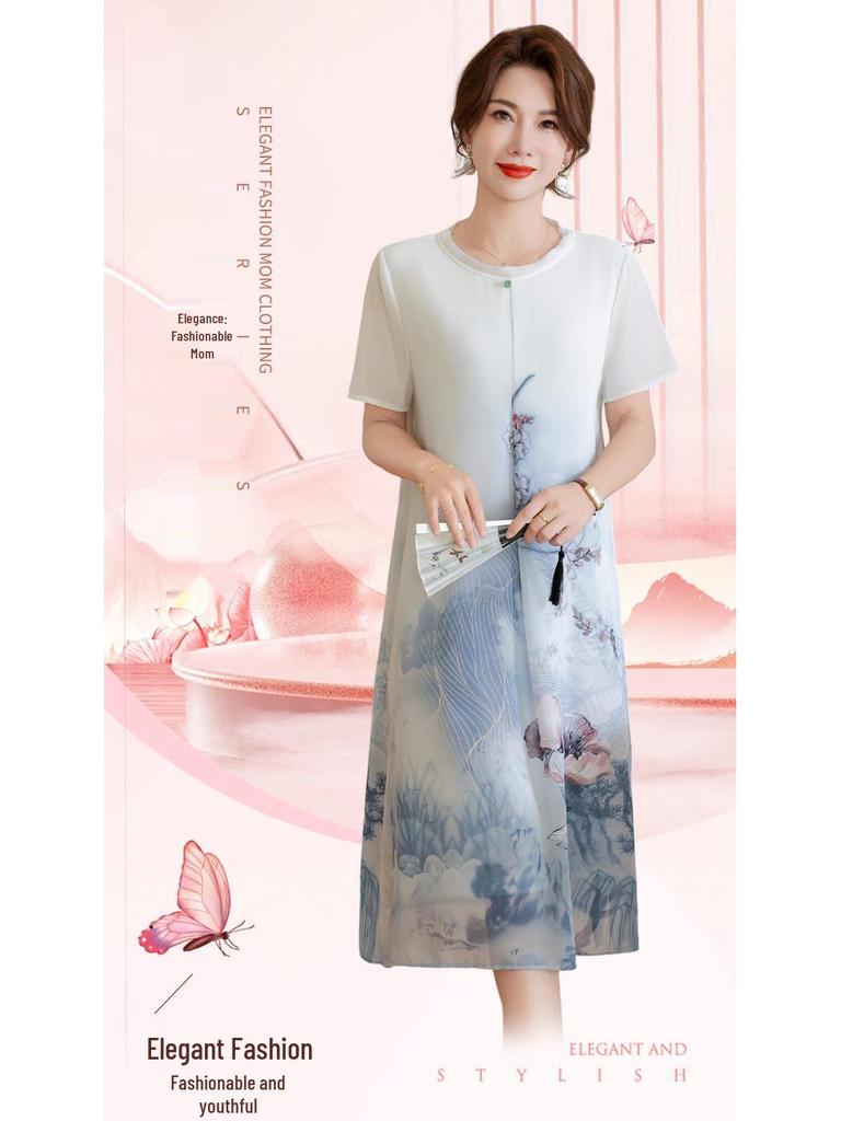 Elegant Ice Silk Summer Dress for Middle-Aged Women - Short Sleeve, Knee-Length, Chinese-Inspired Design