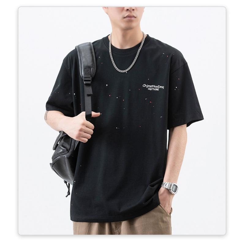 Летняя американская трикотажная футболка мужская с коротким рукавом, свободного кроя, с принтом, высокой плотности M чёрный