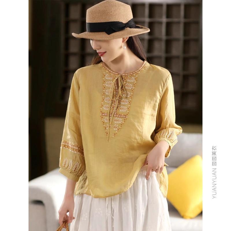 Women's New Spliced Pullover Round Neck Embroidered Retro Cotton Linen Shirt Three-quarter Sleeve Loose Top