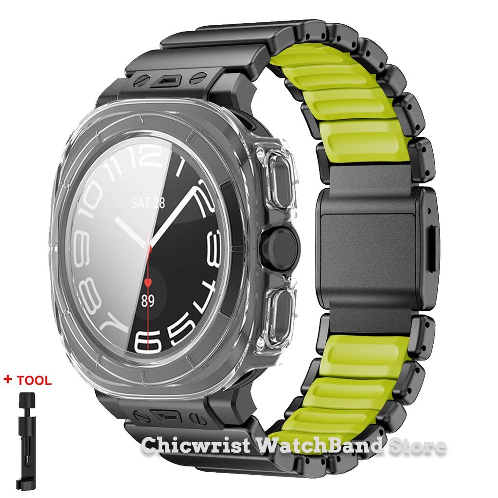 Armband+Hülle für Samsung Galaxy Watch Ultra 2025/7 ultra Edelstahl Gummiarmband Gehärtetes Glas Displayschutz Hülle aus Hart-PC