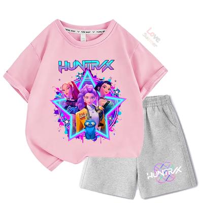 Sommer-T-Shirt Zweiteiliges Set Kinder Oberteile Mädchen Huntrx KPop T-Shirts Devil Hunter Mädchengruppe Bedrucktes Kurzarm-Shorts-Set