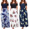 Women Summer Cold Shoulder Floral Print Elegant Maxi Long Dress Pocket Dress