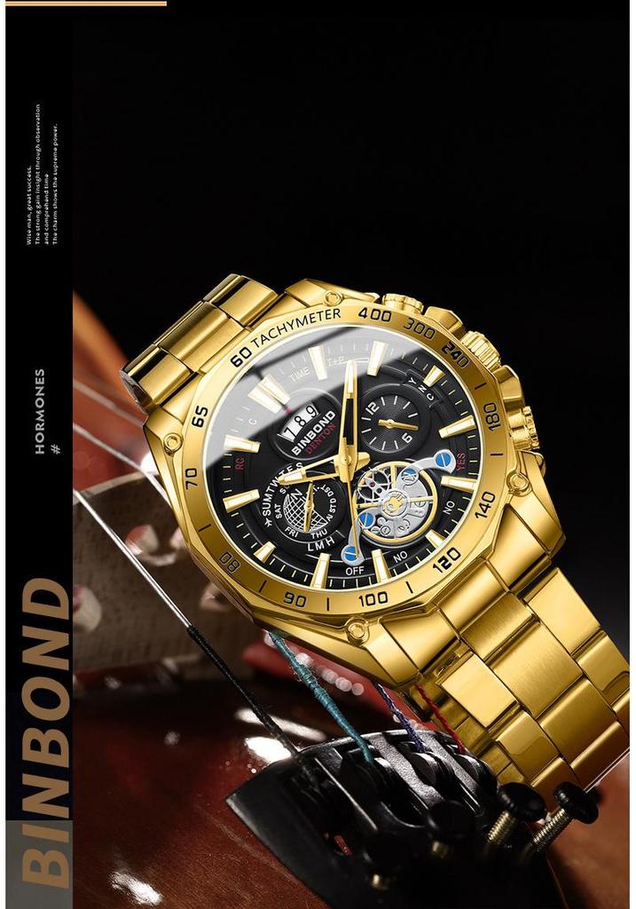 BINBOND Men's Luminous Trendy Tourbillon Watch with Steel Band, Three Dials & Six Hands