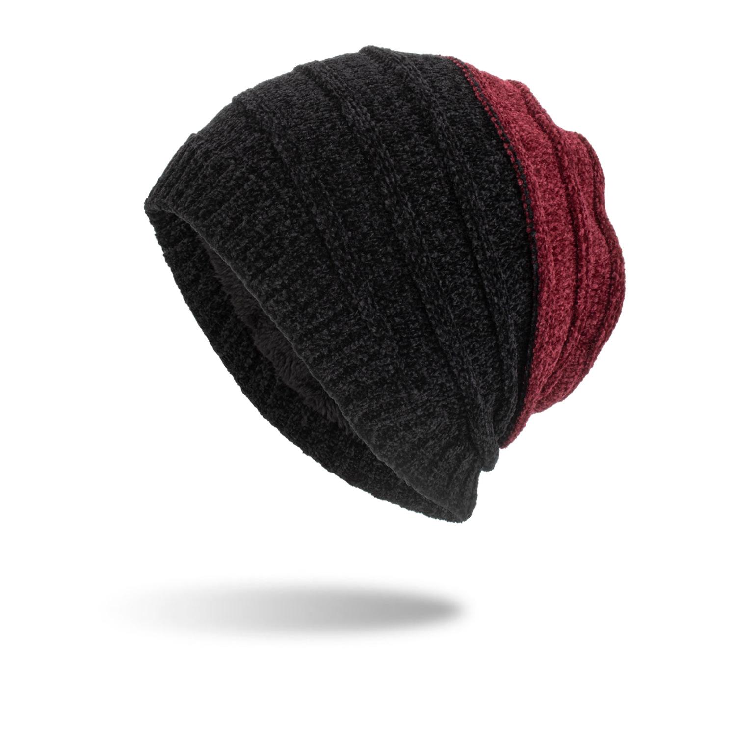 

Autumn and winter new chenille two-color horizontal strip long pullover hat knitted wool hat бордовий