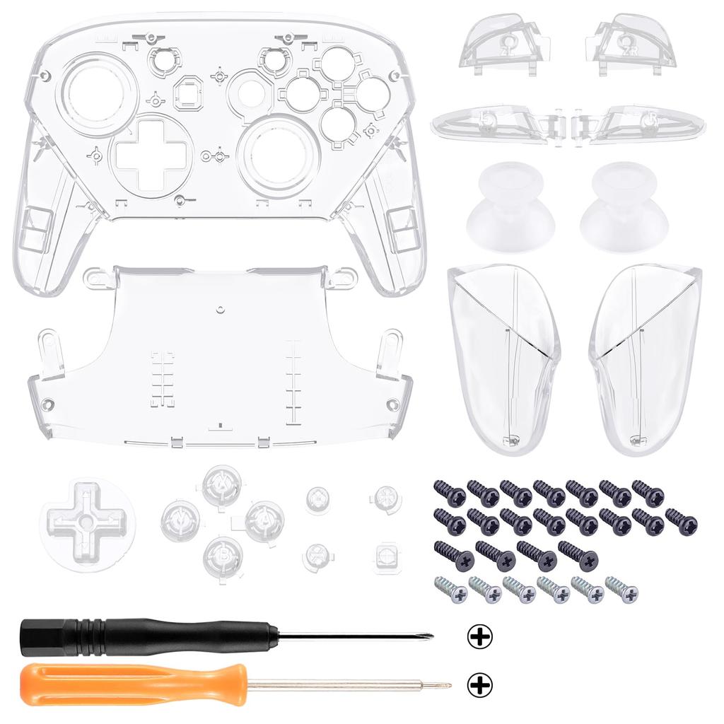 eXtremeRate Switch Pro Controller Faceplate Backplate Clear DIY Replacement Grip Housing Case Cover for Switch Pro Controller Clear Handle, -