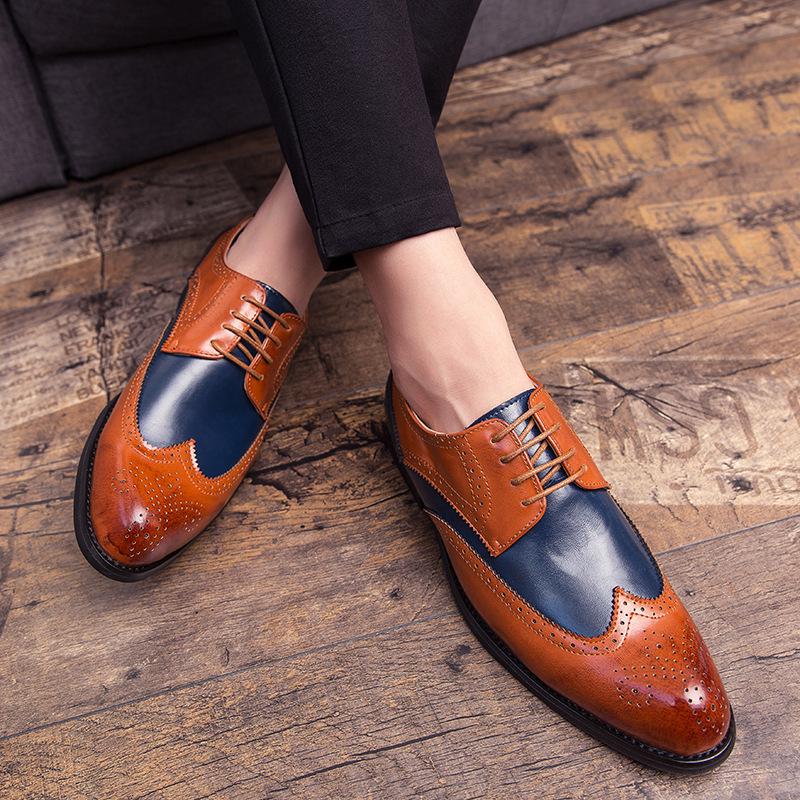 Men's Brogue Colorblock Leather Shoes: Large Size, British Style, Formal Fashion for Spring & Autumn 2020.