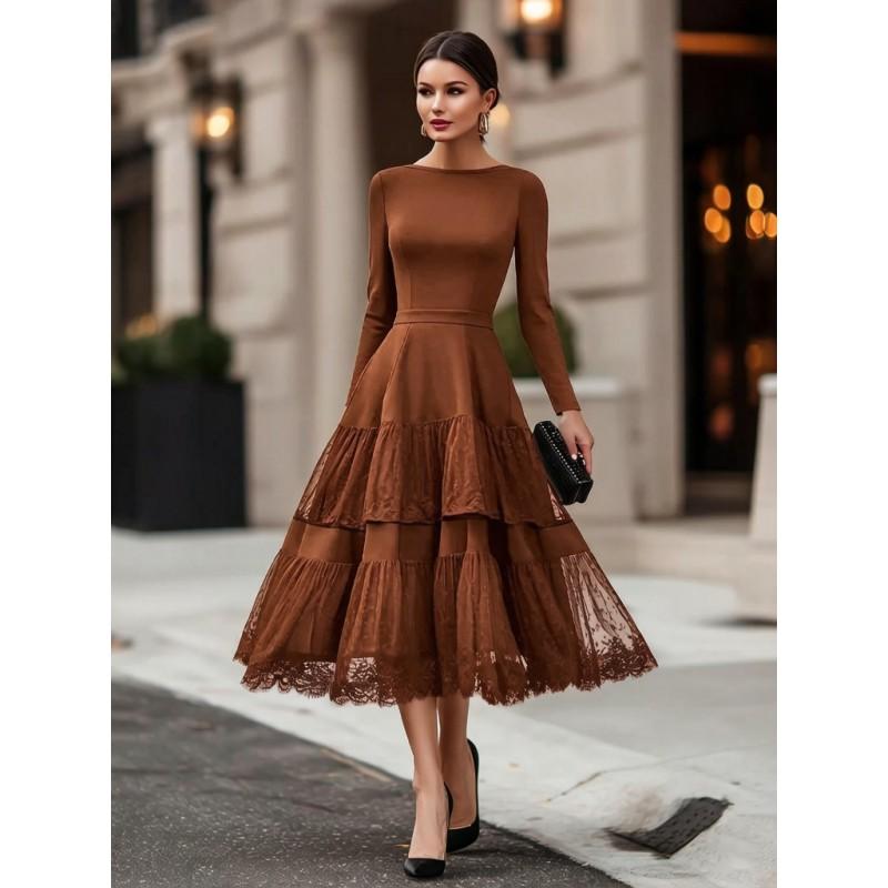 Elegant French Round Neck Solid Color Long Sleeve Mesh Panel Fit-and-Flare Dress Women