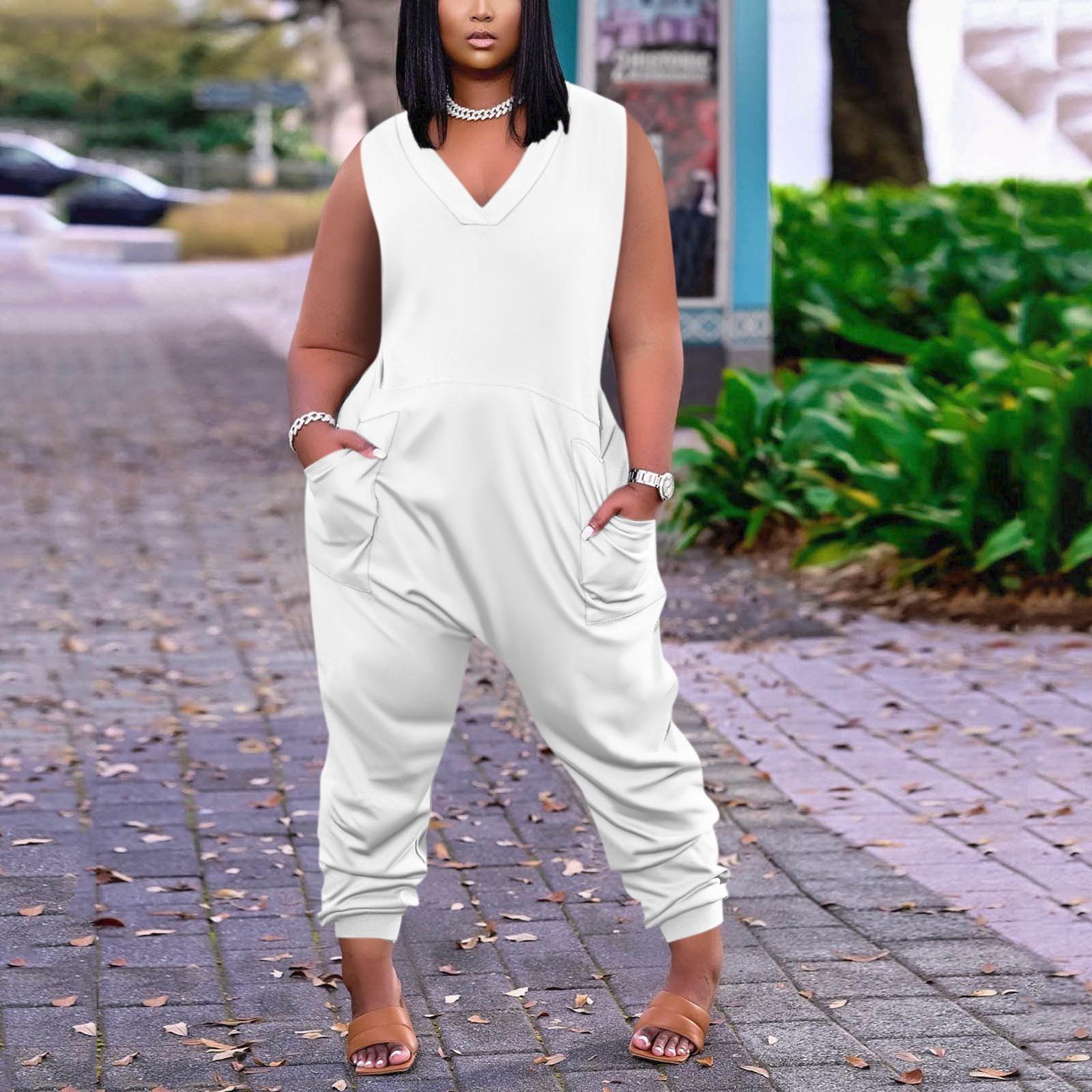 

Women s Casual Sleeveless Jumpsuit Plus Size Jumpsuit With Pockets XXL белый