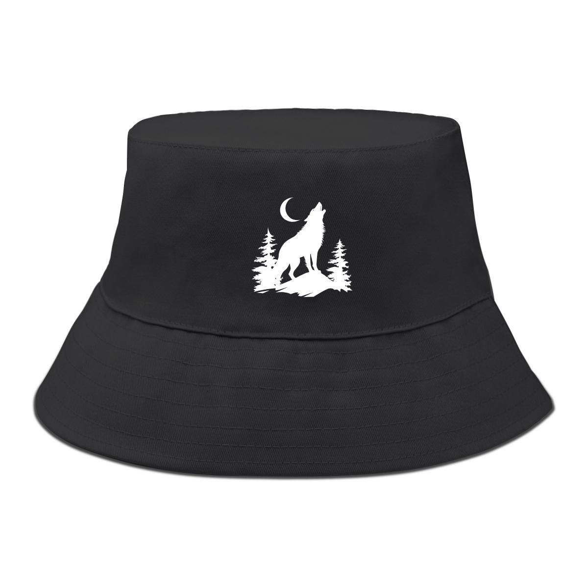 

Wolf & Moon Print Bucket Hat , Sun Cap Unisex Candy Color Spring Beach Hat as the picture чёрный