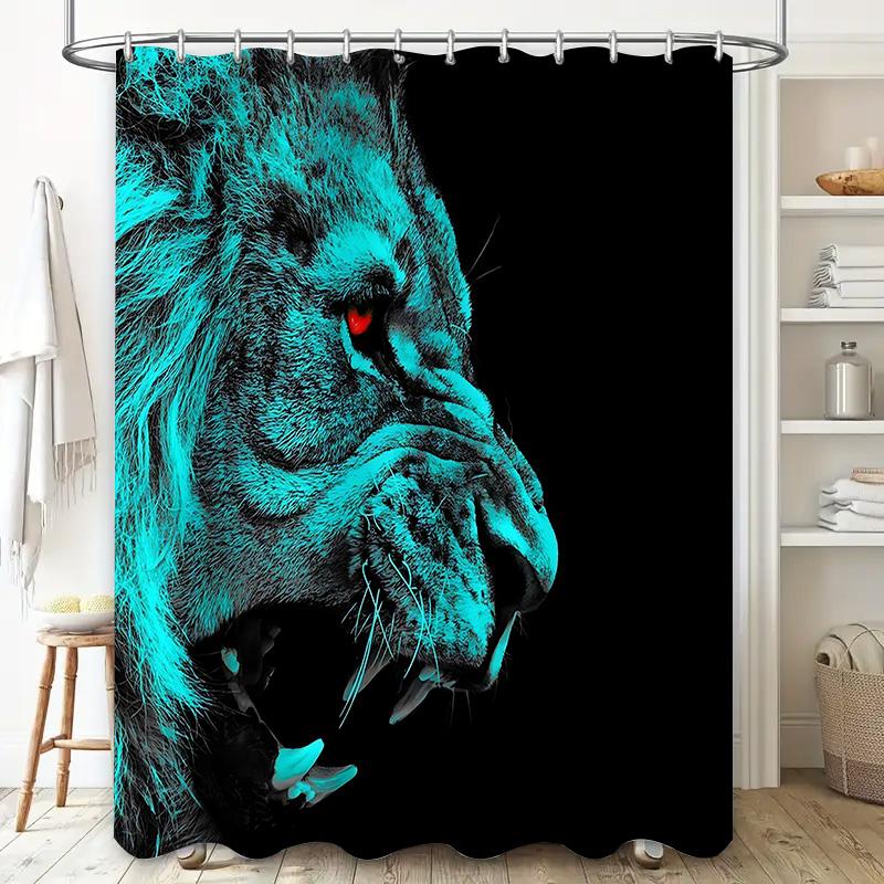 Stylish Blue Lion Print Waterproof Shower Curtain With Hooks Easy To Clean Install Polyester Fabric Available In Various Sizes