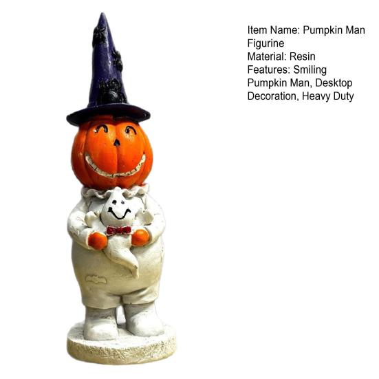Yousheng Halloween Smiling Pumpkin Man Statue Spooky Wizard Hat Pumpkin Holding Ghost Resin Figurine Sculpture Party Home Desktop Decoration Ornament