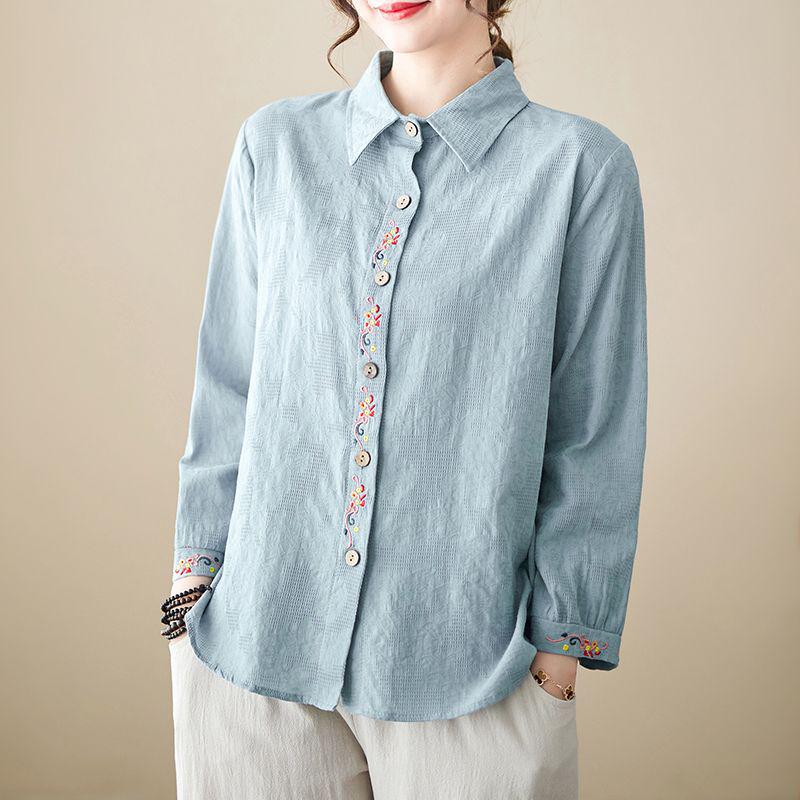 

2026 Women s Plus Size Embroidered Cotton Linen Shirt & Pants Set - Loose Long Sleeve Spring/Summer Base Layer M up to 115 pounds