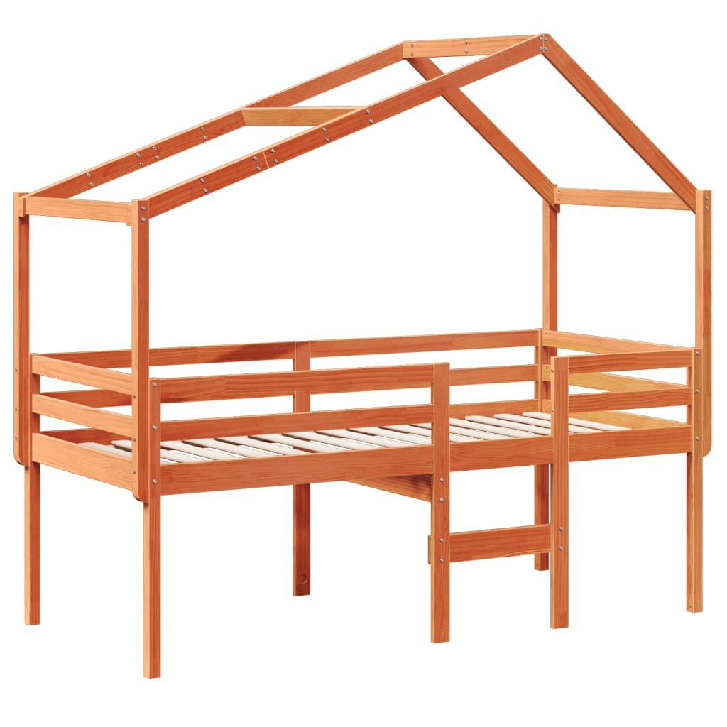 High Bed with Roof Wax Brown 90x190 cm Solid Pine Wood