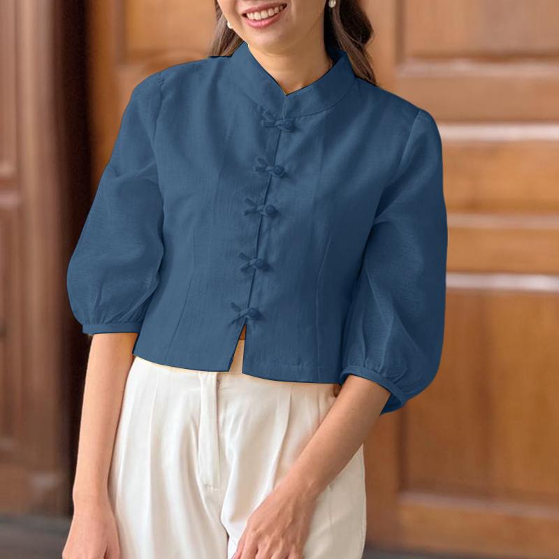 

ZANZEA Women Casual Stand Collar Summer 3/4 Sleeve Solid Blouse 5XL синий