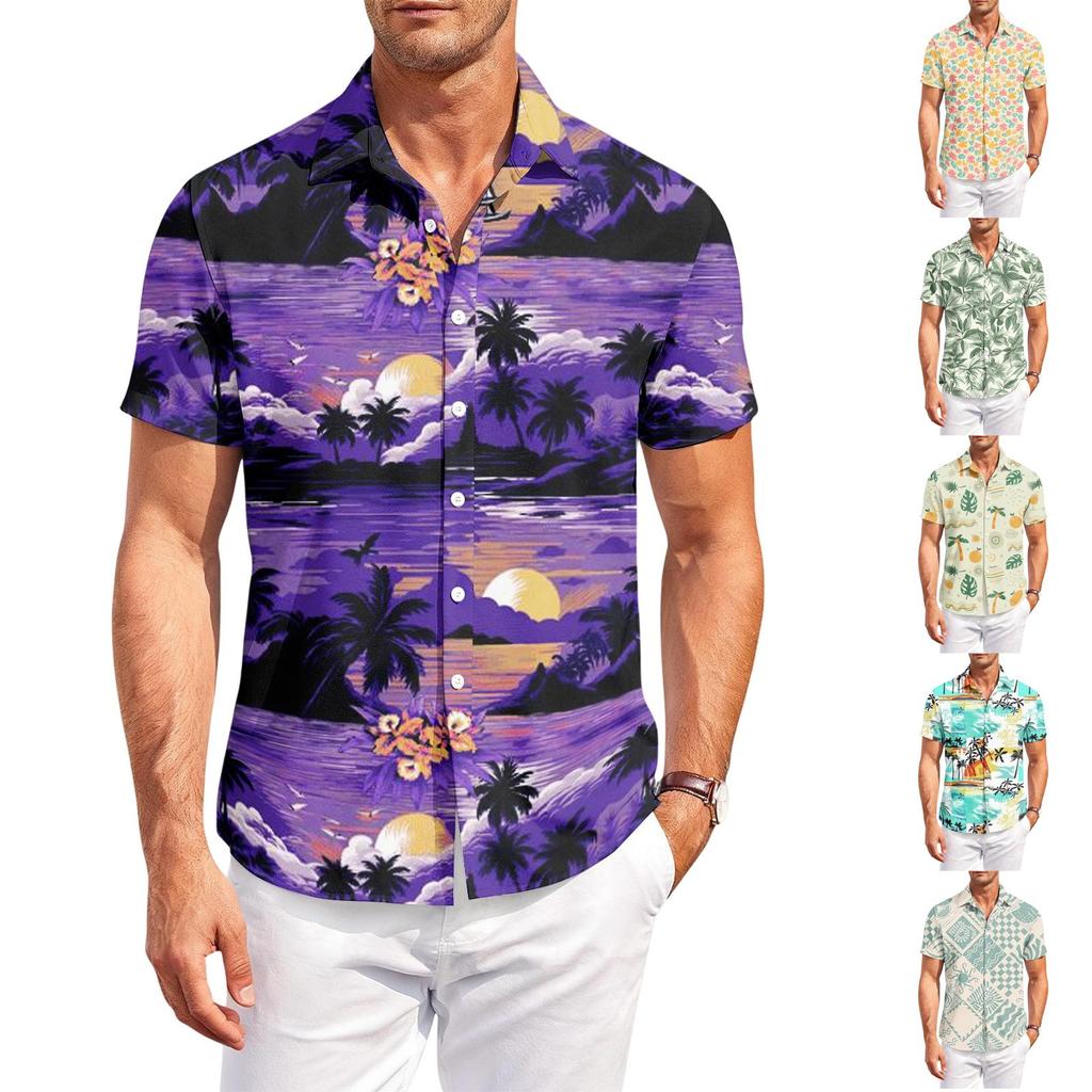 Men’s Hawaiian Print Casual Outdoor Short Sleeve Shirt with Turn Down Collar Relaxed Fit Suitable for Summer Activities