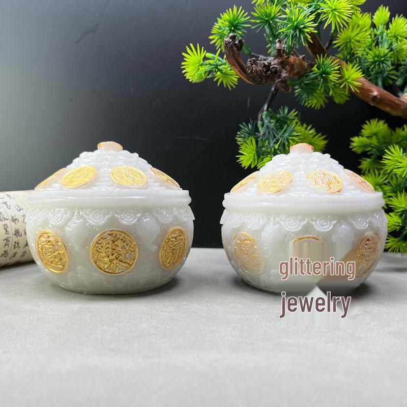 Luminous Multi-Pattern Treasure Basin: Hui, Lotus, Ruyi, Wealth-Attracting - Feng Shui Display for Living Room Wealth Position.