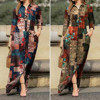 Robe Maxi Col Rabattu Manches Longues Poches Imprimé Floral Vintage Boutonnée sur le Devant Chemise