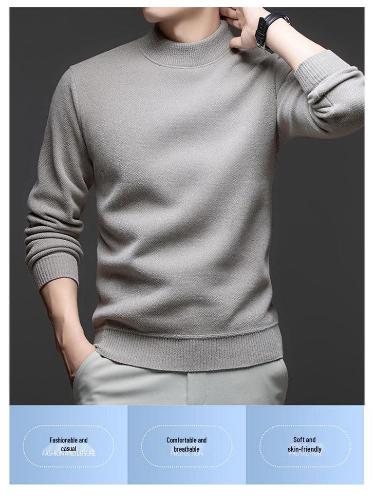 Men's Fleece-Lined Half-High Neck Sweater: Warm, Thick, Knitted Pullover for Autumn & Winter.