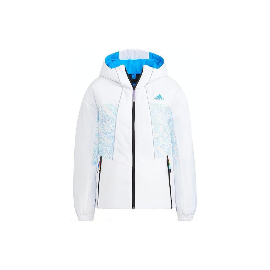 Adidas Geometric Pattern Logo Print Zip Hooded Jacket, Soft Lightweight Casual Outerwear For Women White HC0283