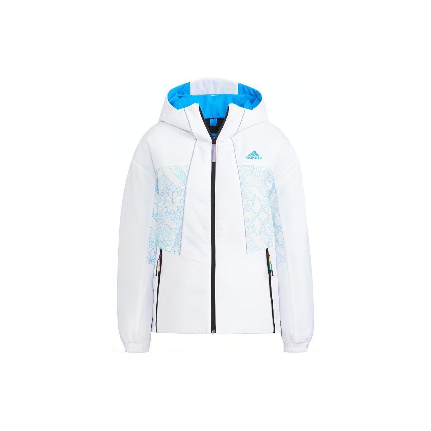 

Adidas Geometric Pattern Logo Print Zip Hooded Jacket, Soft Lightweight Casual Outerwear For Women White HC0283 M
