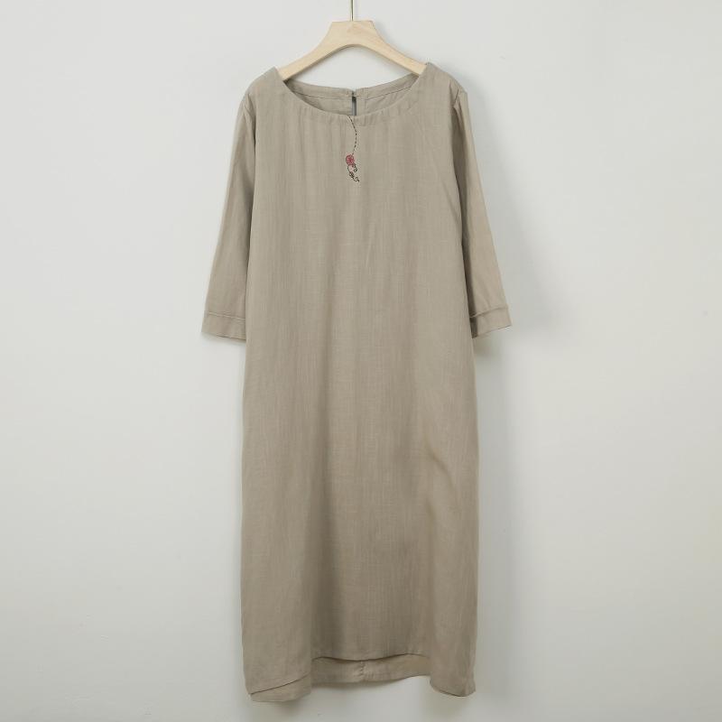 

Johnature Women Vintage Dresses O-Neck Seven Sleeve Embroidery Floral Cloths 2025 Spring A-Line Dress XXL