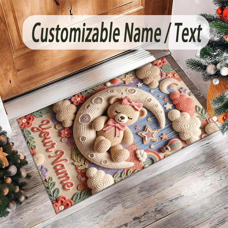 Teddy Bear Theme Crystal Velvet Rug Personalized Custom Name Text Soft Floor Mat Home Decor