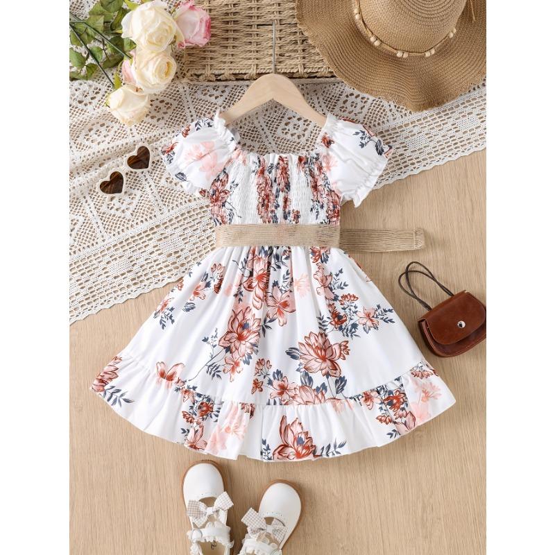 White Waist-Cinching Print Short-Sleeve Round-Neck Casual Dress for Girls