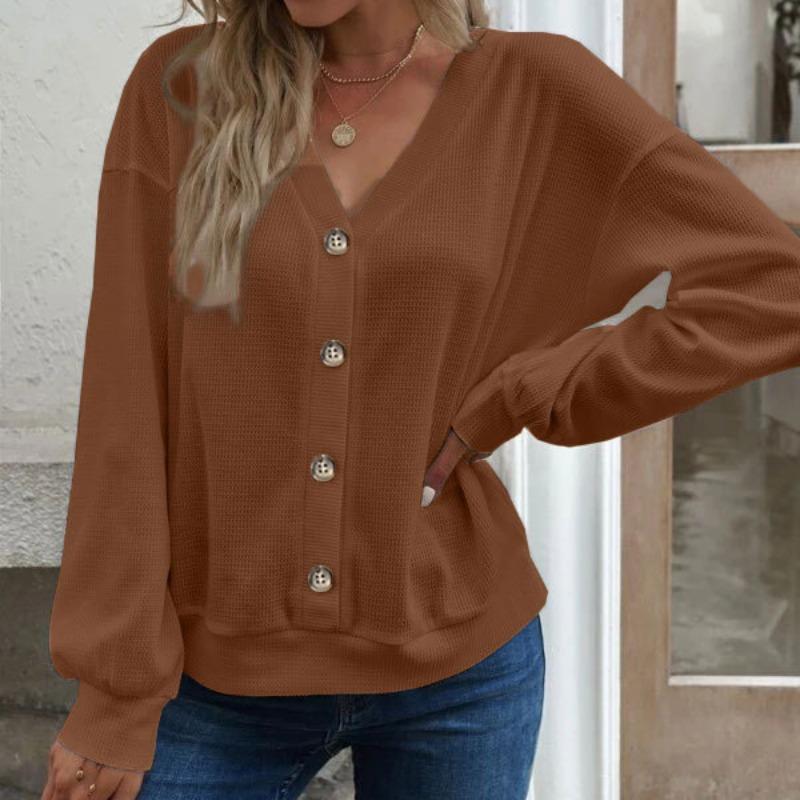 Herbst und Winter Damen Langarm-Top mit V-Ausschnitt, fester Knopf, V-Ausschnitt, lockeres, langärmeliges T-Shirt für Damen