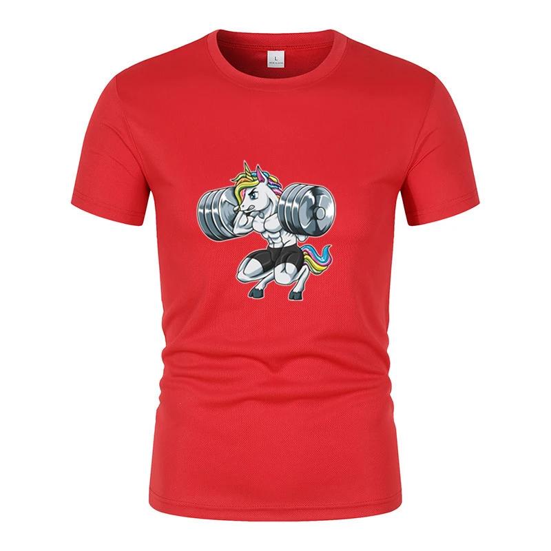 Fun Gym Unicorn Weightlifting Fitness Bodybuilding Printed Round Neck T-Shirt Summer Breathable Quick-Dryingcasual Short Sleeves