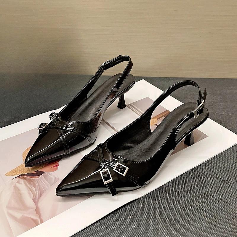 Summer Baotou Pin Buckle Decoration Shallow Mouth Breathable Elegant High Heels New Pointed Toe Stiletto Fashion Women's Sandals