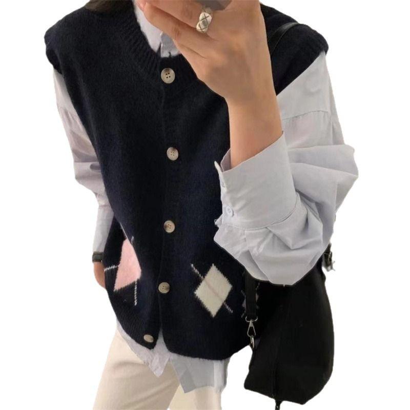 Women's Knitted Vest Spring and Autumn Diamond Grid Knitted Vest Women's Loose Sweater Vest Top