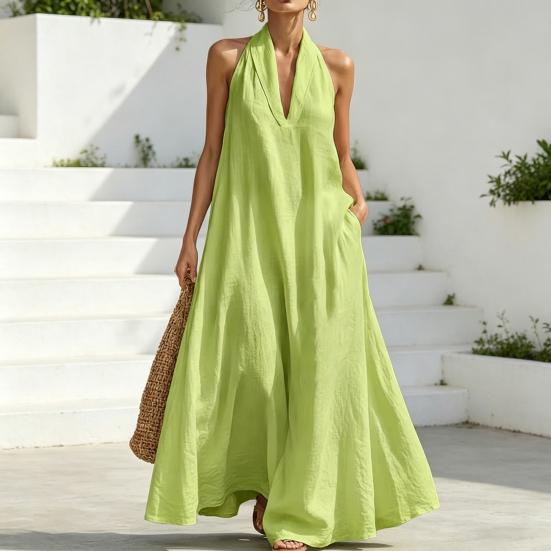 Sommer-Maxikleid für Damen, lässig, ärmellos, Neckholder, V-Ausschnitt, Revers, langes Kleid, Strandurlaub, fließendes Sommerkleid mit Taschen