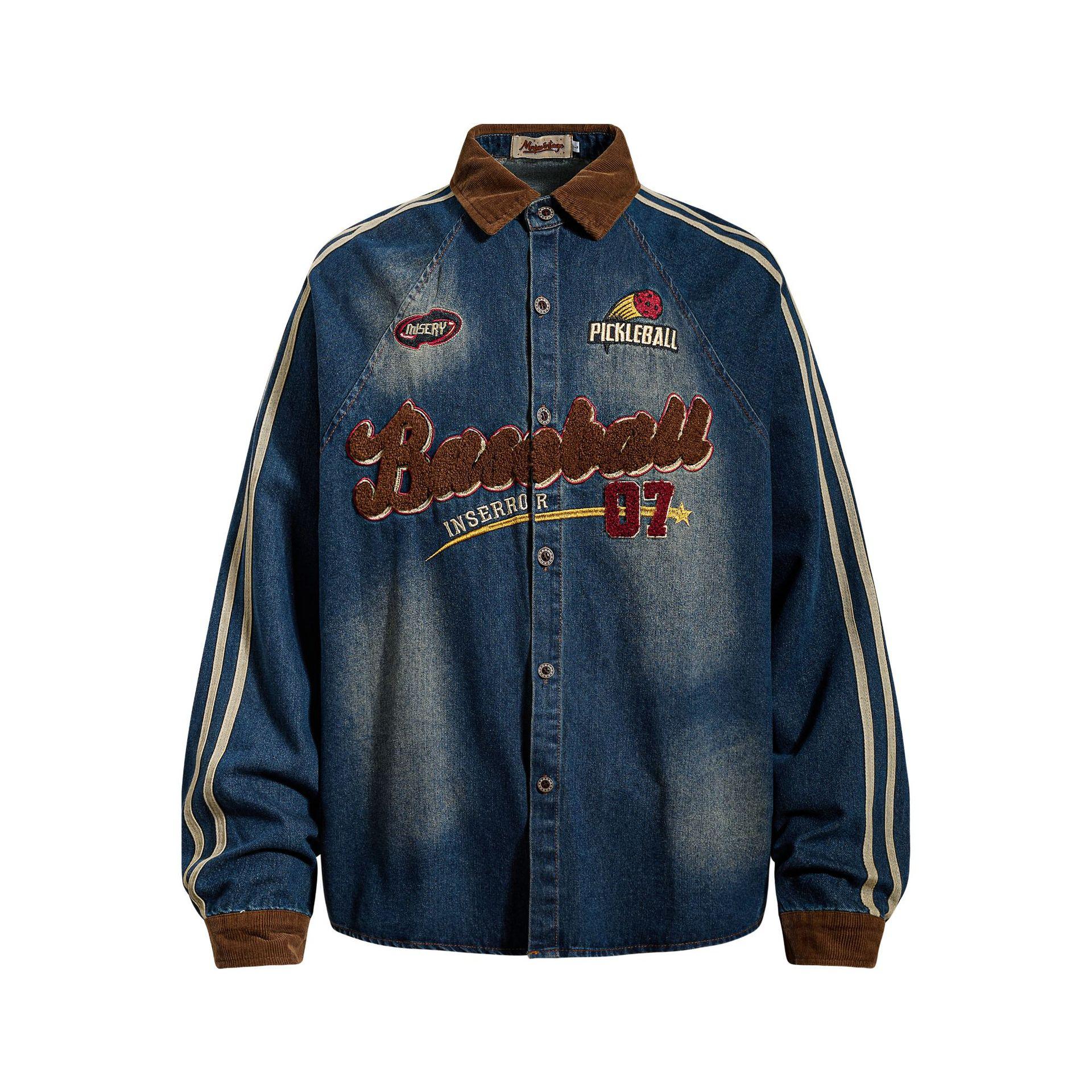 Men s spring American school style retro washed denim shirt Guochao embroidered shirt M