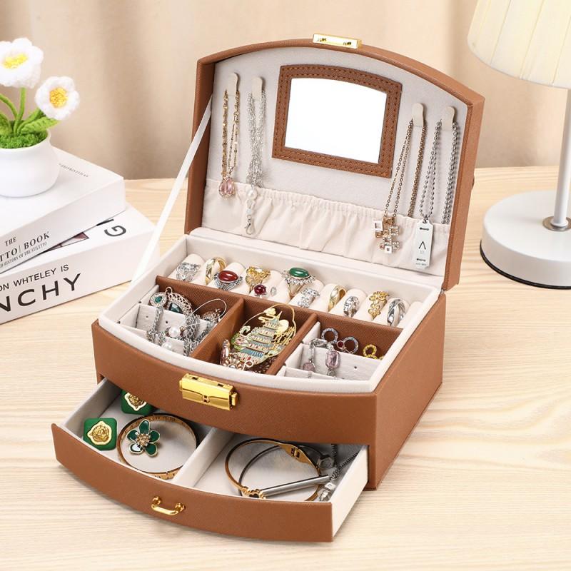 Portable Jewelry Organizer Box With Handle - Modern Minimalist Leather Storage Case Earrings Rings Necklaces 20x16x10.5cm